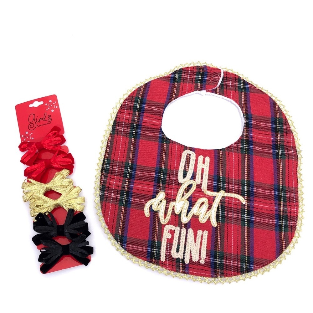 NEW MUD PIE Red Plaid Oh What Fun! Christmas Baby Bib + Hair Ties